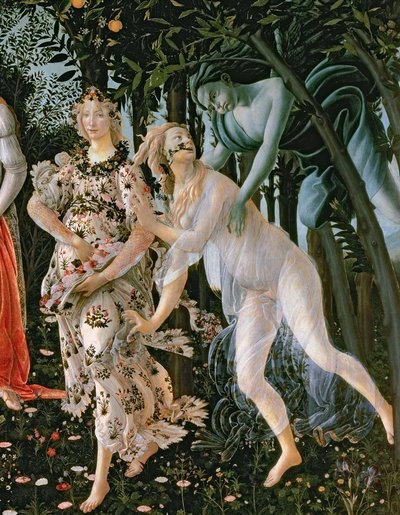 Detalj av Zephyr och Flora som vårens timme, från Primavera-tempera på paneldetalj av 558 av Sandro Botticelli