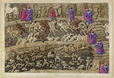 La Divina Commedia, Inferno XVIII. Vergilius och Dante i helvetets åttonde krets (Malebolge), 1:a och 2:a bolgia: Straffet för hallickar och förförare, smickrare och horor av Sandro Botticelli