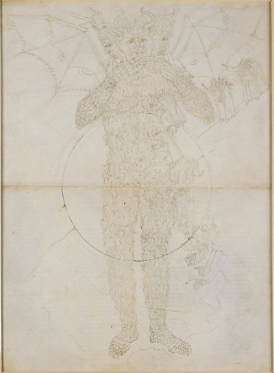 La Divina Commedia, Inferno XXXIV (2). Helvetets centrum: Lucifer i full storlek (Den store Satan); Avsked från Inferno av Sandro Botticelli