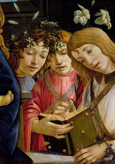Maria med barnet, Johannes Döparen och änglar. Detalj. Omkring 1490 av Sandro Botticelli
