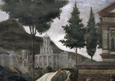 Reningen av den spetälske och Kristi frestelse, i Sixtinska kapellet: detalj av en imaginär stad i ett landskap, fresk från 1481 av Sandro Botticelli