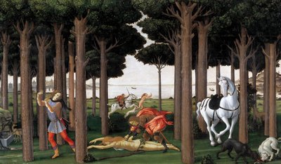 Berättelsen om Nastagio degli Onesti Andra avsnittet, ca 1483 av Sandro Botticelli