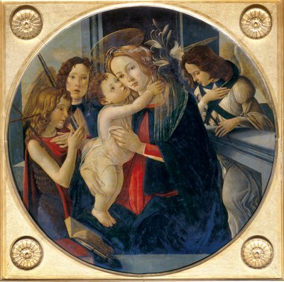 Madonna med barnet, den unge Johannes Döparen och änglar av Sandro and workshop Botticelli