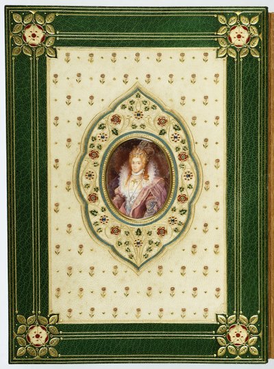 Ett ovalt porträtt av drottning Elizabeth I (grönt levant marockoläder, krämvattnat siden, safirer, pai) av Sangorski and Sutcliffe