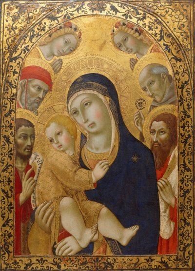 Madonnan med barnet och de heliga Hieronymus, Johannes Döparen, Bernardino och Bartolomaios av Sano di Pietro