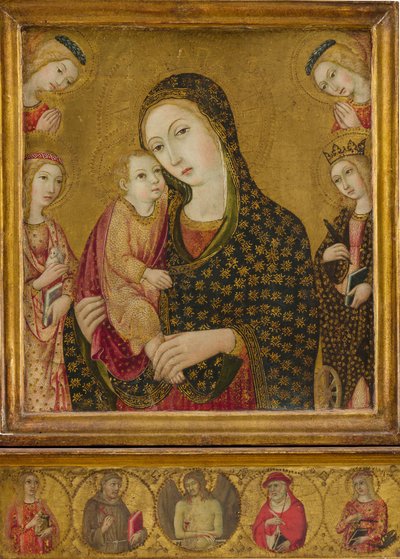 Madonna och barn med den döde Kristus, heliga Agnes och Katarina av Alexandria...ca. 1470-80. av Sano di Pietro