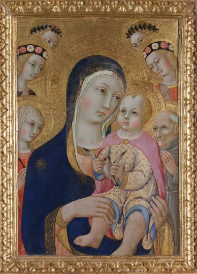 Madonna med barnet, heliga Apollonia och Bernardino och fyra änglar, ca 1460 av Sano di Pietro