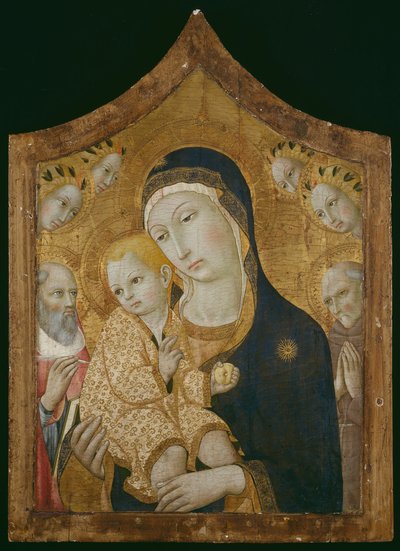 Jungfru Maria och barnet med helgonet Hieronymus, Bernhardino av Siena och änglar av Sano di Pietro