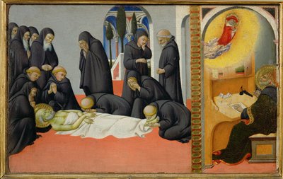 Sankt Hieronymus död bland sina lärjungar: han framträder för Sankt Cyril, biskop i Jerusalem ... av Sano di also Ansano di Pietro di Mencio Pietro