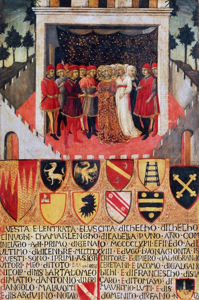 Ringens gåva, bröllopsscen mellan Sienes adliga familjer av Sano di also Ansano di Pietro di Mencio Pietro