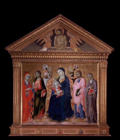 Jungfru och barn med Sts. Jakob, Filip, Anne och Maria Magdalena - olja på trä av Sano di also Ansano di Pietro di Mencio Pietro