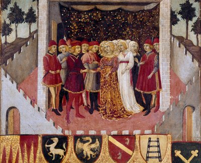 Bröllopsceremoni för ett par av adeln i staden Siena Målning av Sano di Pietro (1406-1481) som dekorerar en Biccherna (omslaget till räkenskapsregistret för staden Siena) 1473. Siena Archivio di Stato, Italien av Sano di also Ansano di Pietro di Mencio Pietro