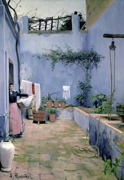 Uteplatsinteriör (olja på duk) av Santiago Rusinol i Prats