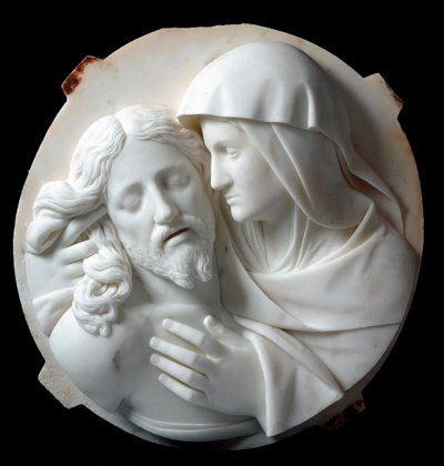 Pieta-marmorskulptur av Santo Varni (1807-1885) 1863-1870. Dämpa. 56x52x12 cm Från Prince Odon di savoias samling. Genes, Galleria d