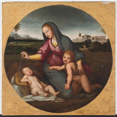 Madonna och barn med den unge St. John, ca 1500 (olja på trä) av Sanzio of Urbino (follower of) Raphael