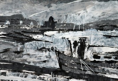 Förtöjning (s/v målning) av Sara Hayward