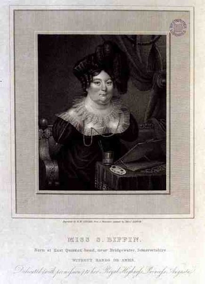 Miss S. Biffin, född i East Quantox-head, nära Bridgewater, Somersetshire, utan händer eller armar, graverad av R.W. Sievier av Sarah (after) Biffin