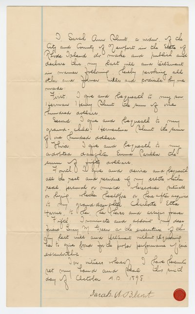 Sarah Ann Blunt Crozleys sista testamente, oktober 1898. av Sarah Ann Blunt Crozley