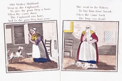 Två sidor ur barnramsboken "Gamla mor Hubbards och hennes hunds komiska äventyr" av Sarah Catherine (after) Martin