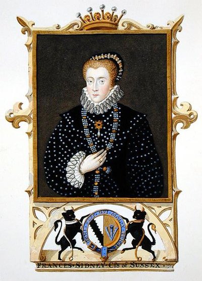 Porträtt av Frances Sidney (d.c.1589) grevinna av Sussex från "Memoirs of the Court of Queen Elizabeth" efter ett porträtt av Stephen van der Meulen (1632-1690), publicerat 1825 (akvarell och gouache på papper) av Sarah Countess of Essex