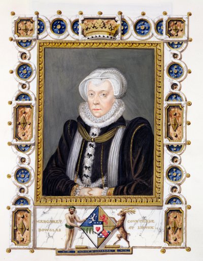 Porträtt av Margaret Douglas (1515-78), grevinna av Lennox, från "Memoirs of the Court of Queen Elizabeth", publicerad 1825 (wc och gouache på papper) av Sarah Countess of Essex