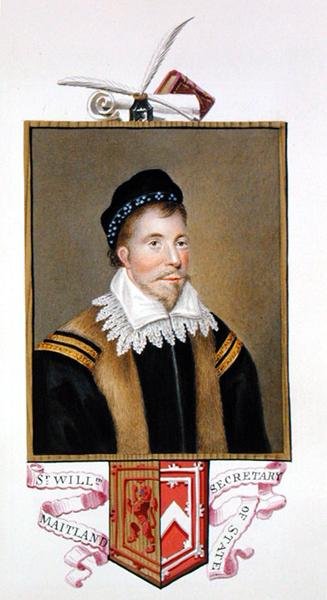 Porträtt av Sir William Maitland av Lethington (ca 1528-73) utrikesminister från "Memoirs of the Court of Queen Elizabeth", publicerad 1825 (akvarell och gouache på papper) av Sarah Countess of Essex