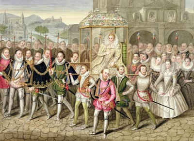 Drottning Elizabeth I i procession med sina hovmän (ca 160003) från "Memoirs of the Court of Queen Elizabeth" efter en olja tillskriven Robert Peake (c.1592-1667) vid Sherborne Castle, publicerad 18 av Sarah Countess of Essex