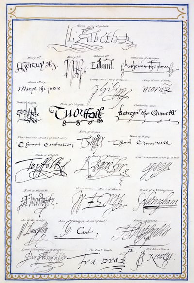 Reproduktion av signaturer från Tudor och deras hov från "Memoirs of the Court of Queen Elizabeth", publicerad 1825 (penna och bläck på papper) av Sarah Countess of Essex