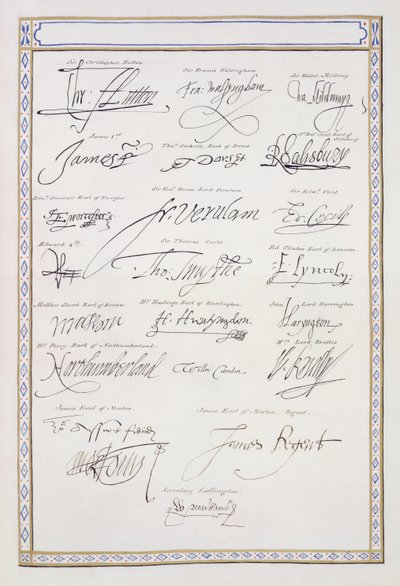 Reproduktion av Tudors och deras hovs signaturer från "Memoirs of the Court of Queen Elizabeth", som publicerades 1825 (penna och bläck på papper). av Sarah Countess of Essex