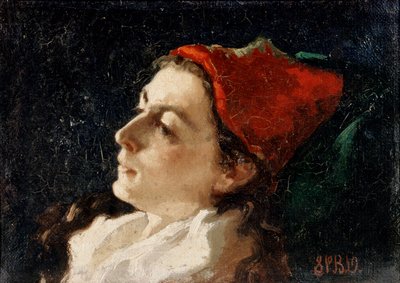 Huvud av en kvinna i röd mössa (olja på duk) av Sarah Paxton Ball Dodson