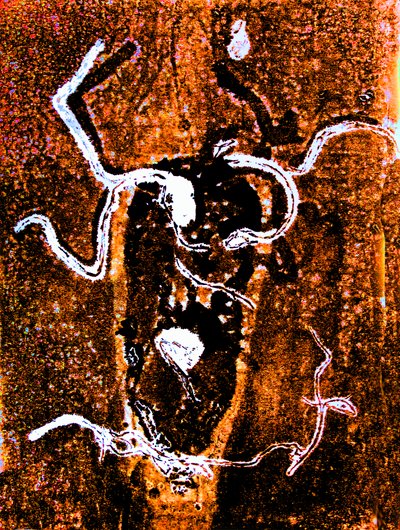 Orange abstrakt 2020 (monoprint) av Sarah Thompson-Engels