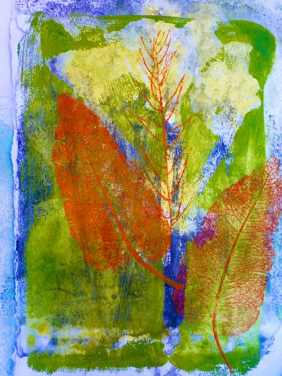 Orange blad (monoprint på papper) 2020 av Sarah Thompson Engels