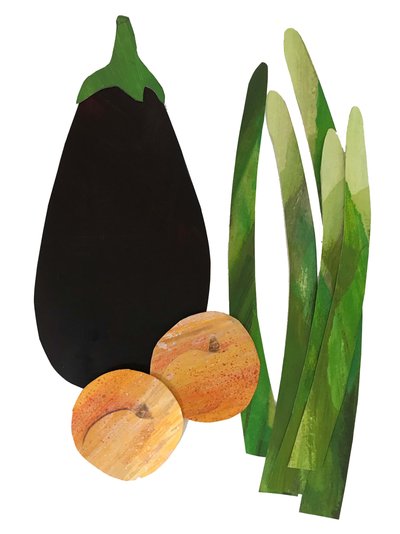 sparris, aprikoser, aubergine, 2019 (collage) av Sarah Thompson Engels