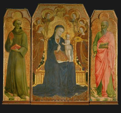 Polyptyk. I mitten: Madonna med barn omgiven av ... av Sassetta (c.1392 1450)