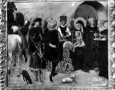 The Adoration of the Magi (tempera på panel) (s/v foto) av Sassetta (c.1392 1450)