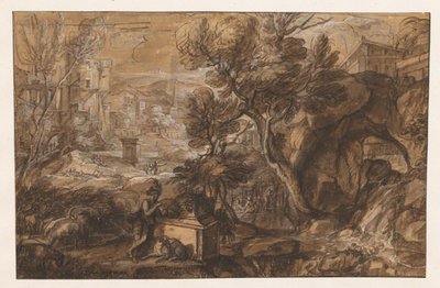 Landskap med en herde vid en antik sarkofag av Sébastien Bourdon (attributed to)