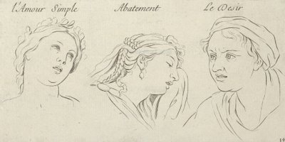 Enkel kärlek, nedstämdhet, begär från passionernas karaktärer, graverad på de..., 1695-1720. av Sébastien Le Clerc the Younger