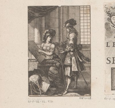 Geometria och ung man med geometrisk ritning Titelsida för: Pratique de la géometrie, sur le papier et sur le terrain (...), 1669 av Sébastien Leclerc (I)