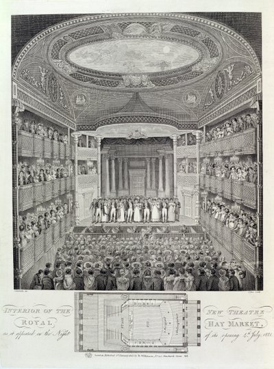Innenansicht des neuen Theatre Royal, Haymarket, wie es in der Nacht seiner Eröffnung am 4. Juli 1821 erschien, graviert von James Stow, 1823 von Schebbellie