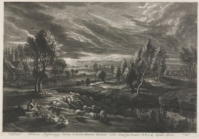Landskap med herde som spelar en flöjt av Schelte Adams Bolswert