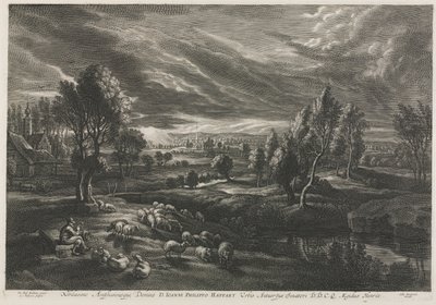 Landskap med herde som spelar en flöjt. av Schelte Adams Bolswert