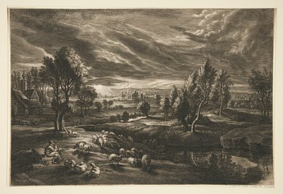 Herde och får vid solnedgången av Schelte Adams Bolswert
