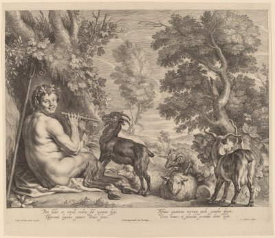 Pan spelar flöjt av Schelte Adams Bolswert after Jacob Jordaens