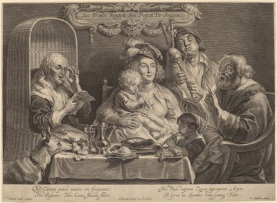 Familjekonserten (Som de gamla sjunger, så de unga twitter) av Schelte Adams Bolswert after Jacob Jordaens