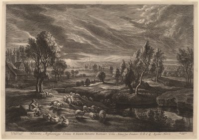 Ett landskap med en by av Schelte Adams Bolswert after Sir Peter Paul Rubens
