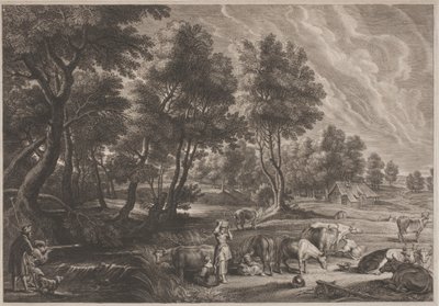 Gårdslandskap med jägare och mjölkpigor av Schelte Adams Bolswert, after Sir Peter Paul Rubens