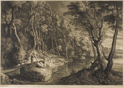 Skog som korsas av en bäck, från The Small Landscapes av Schelte Adamsz. Bolswert