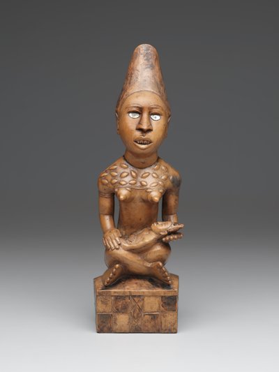 Sittande kvinnofigur med barn (pfemba) Yombe Group, Kongo Peoples (trä, glas eller glimmer & bets) av School African
