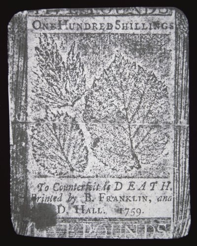 En sedel på 100 shilling designad och tryckt av Benjamin Franklin 1759 (litho) av School American