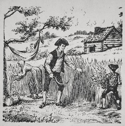 En familj som skördar majs (litho) av School American
